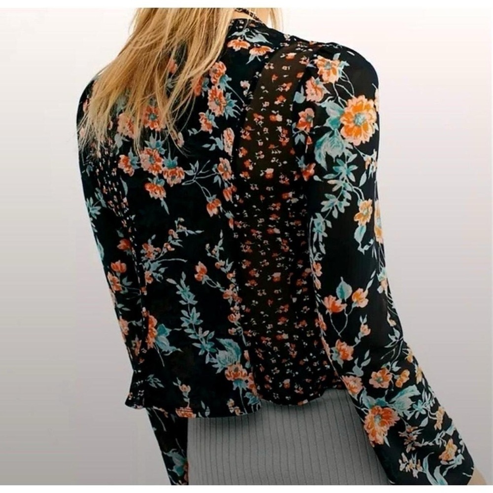 Free‎ People | Casablanca Blouse w. Front Ties Black Floral Festival Boho XS - Picture 3 of 11